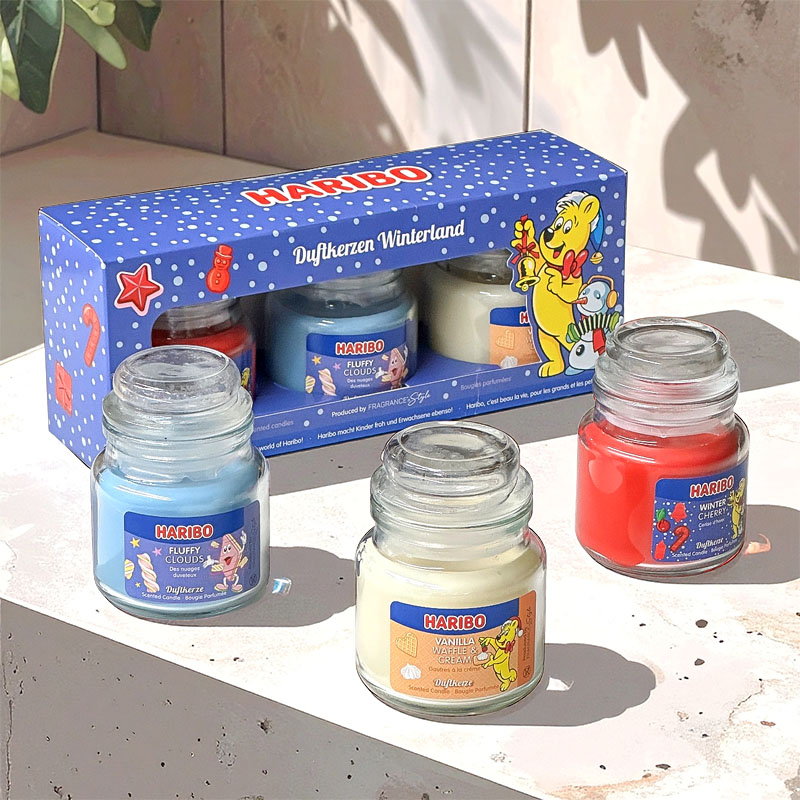 HARIBO SCENTED CANDLES GIFT SET WINTERLAND - WINTER CHERRY, FLUFFY CLOUDS & VANILLA WAFFLE 3x85g