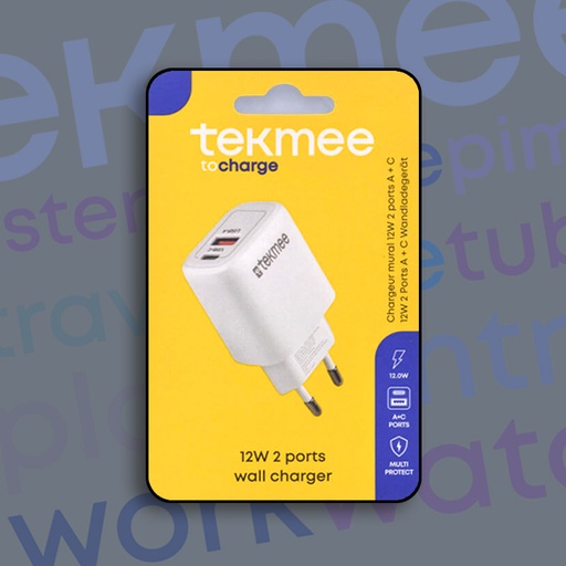 [40430332] TEKMEE 12W 2-PORTS TYPE-C + USB WHITE WALL CHARGER