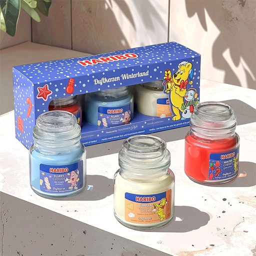 [80100504] HARIBO SCENTED CANDLES GIFT SET WINTERLAND - WINTER CHERRY, FLUFFY CLOUDS & VANILLA WAFFLE 3x85g